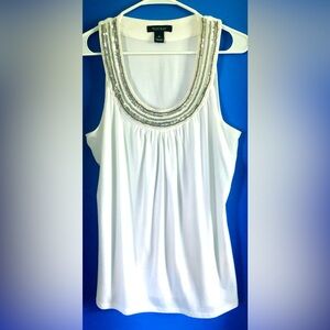 White House Black Market Silver Sequins Beaded Neck Sleeveless White Knit Top M